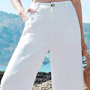 Hooever Womens Casual High Waisted Wide Leg Pants Button Up Straight Leg Trousers（White-L）