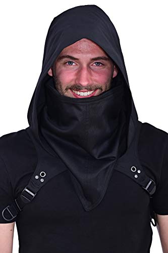 HIBIRETRO Cyberpunk Rogue Cowl Hood Scarf, Winter Unisex Neck Warmer Costume Hooded Cape Hat for Halloween Cosplay and Outdoor Daily Wear (Black)