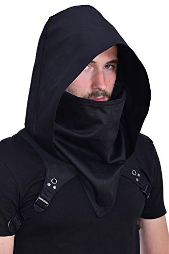 HIBIRETRO Cyberpunk Rogue Cowl Hood Scarf, Winter Unisex Neck Warmer Costume Hooded Cape Hat for Halloween Cosplay and Outdoor Daily Wear (Black)