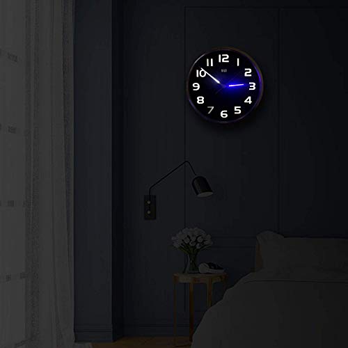 HITO 12” Night Light Wall Clock Glow in The Dark for Bedroom Silent Wall Clock Battery Operated for Living Room Decor, Brightness Adjustable, Metal Frame, Glass Cover(Hands + Numbers Illuminate)