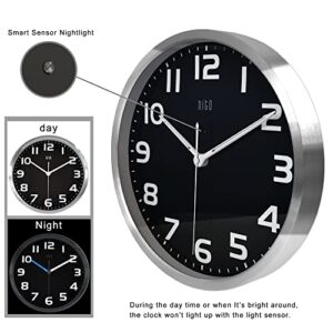 HITO 12” Night Light Wall Clock Glow in The Dark for Bedroom Silent Wall Clock Battery Operated for Living Room Decor, Brightness Adjustable, Metal Frame, Glass Cover(Hands + Numbers Illuminate)