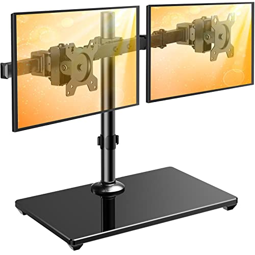 ErGear Dual Monitor Stand with Glass Base, Freestanding Height Adjustable Two Arm Monitor Mount, Heavy Duty Structure Supports Most 17-32” Monitors up to 26.4lbs, EGCM6