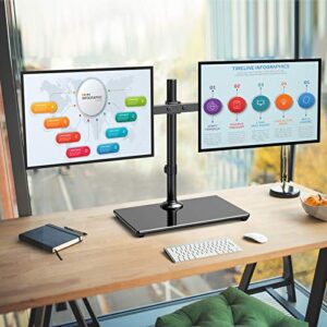 ErGear Dual Monitor Stand with Glass Base, Freestanding Height Adjustable Two Arm Monitor Mount, Heavy Duty Structure Supports Most 17-32” Monitors up to 26.4lbs, EGCM6