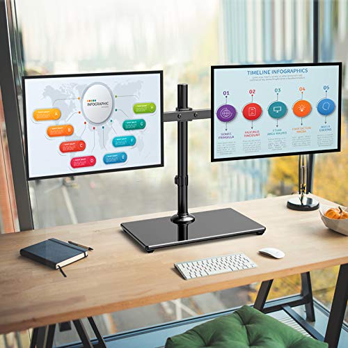 ErGear Dual Monitor Stand with Glass Base, Freestanding Height Adjustable Two Arm Monitor Mount, Heavy Duty Structure Supports Most 17-32” Monitors up to 26.4lbs, EGCM6