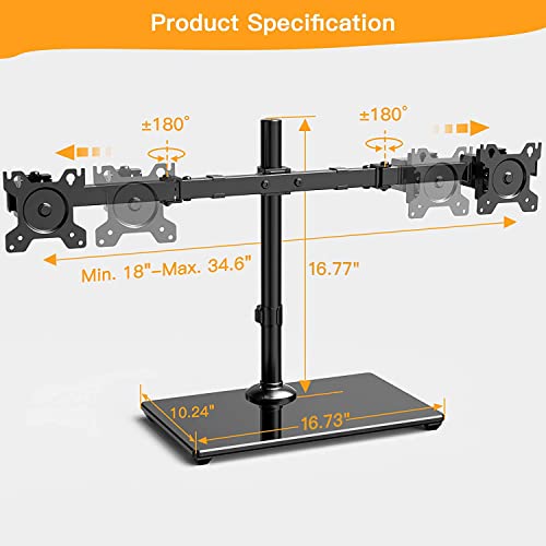 ErGear Dual Monitor Stand with Glass Base, Freestanding Height Adjustable Two Arm Monitor Mount, Heavy Duty Structure Supports Most 17-32” Monitors up to 26.4lbs, EGCM6