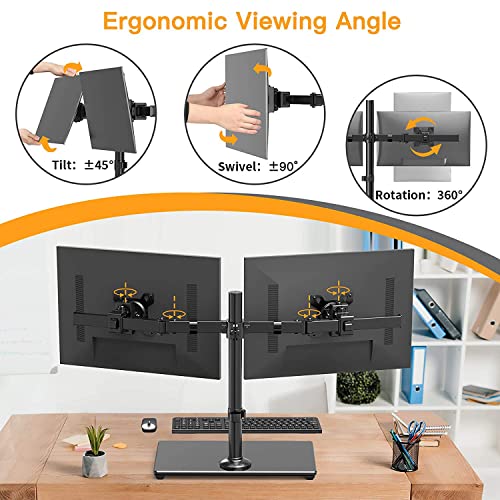 ErGear Dual Monitor Stand with Glass Base, Freestanding Height Adjustable Two Arm Monitor Mount, Heavy Duty Structure Supports Most 17-32” Monitors up to 26.4lbs, EGCM6