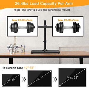 ErGear Dual Monitor Stand with Glass Base, Freestanding Height Adjustable Two Arm Monitor Mount, Heavy Duty Structure Supports Most 17-32” Monitors up to 26.4lbs, EGCM6