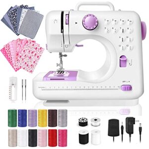 dechow sewing machine for beginners, electric mini portable, 12 built-in stitches with reverse sewing, 2 speeds double thread with foot pedal, 14 pcs floral cotton fabric, 12 colors of polyester sewing threads set 200 yards each(purple)