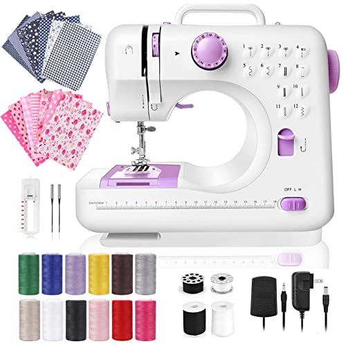 Dechow Sewing Machine for Beginners, Electric Mini Portable, 12 Built-in Stitches with Reverse Sewing, 2 Speeds Double Thread with Foot Pedal, 14 Pcs Floral Cotton Fabric, 12 Colors of Polyester Sewing Threads Set 200 Yards Each(Purple)