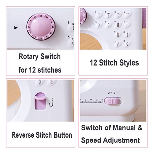 Dechow Sewing Machine for Beginners, Electric Mini Portable, 12 Built-in Stitches with Reverse Sewing, 2 Speeds Double Thread with Foot Pedal, 14 Pcs Floral Cotton Fabric, 12 Colors of Polyester Sewing Threads Set 200 Yards Each(Purple)