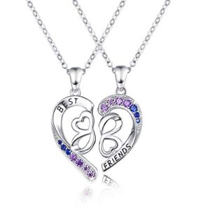 best friend necklace for 2 set, 925 sterling silver bff half heart pendant, best friend engraving with blue purple graduated rhinestone, sister necklace set jewelry birthday valentine gift for women daughter bff sisters