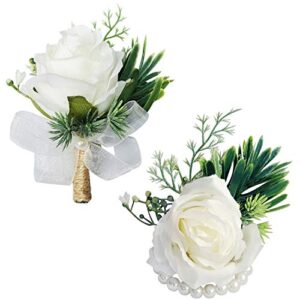 weieryue white rose wrist flowers and men's corsage wedding flowers ceremony,2pcs boutonniere buttonholes and wrist corsage wristband roses wrist corsage(white rose set)