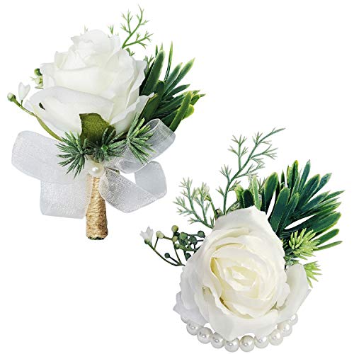 WEIERYUE White Rose Wrist Flowers and Men's Corsage Wedding Flowers Ceremony,2Pcs Boutonniere Buttonholes and Wrist Corsage Wristband Roses Wrist Corsage(White Rose Set)