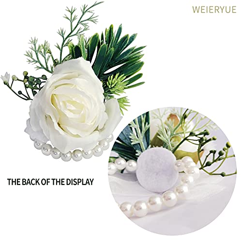 WEIERYUE White Rose Wrist Flowers and Men's Corsage Wedding Flowers Ceremony,2Pcs Boutonniere Buttonholes and Wrist Corsage Wristband Roses Wrist Corsage(White Rose Set)