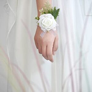 WEIERYUE White Rose Wrist Flowers and Men's Corsage Wedding Flowers Ceremony,2Pcs Boutonniere Buttonholes and Wrist Corsage Wristband Roses Wrist Corsage(White Rose Set)