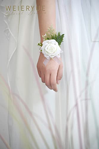 WEIERYUE White Rose Wrist Flowers and Men's Corsage Wedding Flowers Ceremony,2Pcs Boutonniere Buttonholes and Wrist Corsage Wristband Roses Wrist Corsage(White Rose Set)