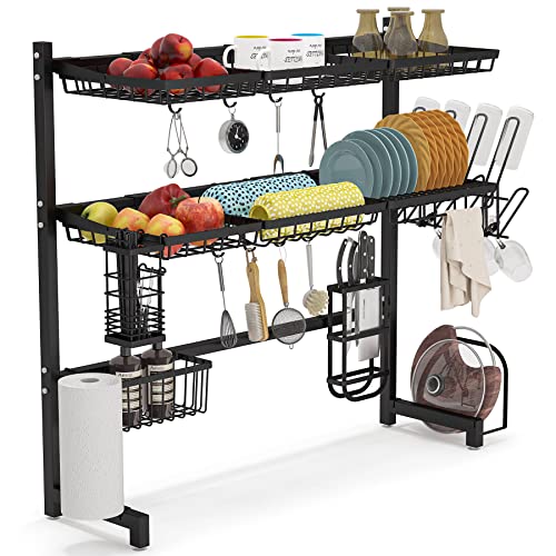 1Easylife Over The Sink Dish Drying Rack, Black 3 Tier Stainless Steel Large Kitchen Dish Rack, Dish Drainers for Home Kitchen Counter Storage, Above Sink Dish Racks Organizer with Utensil Holder