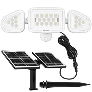 meikee outdoor solar lights - 3 headed dusk to dawn led security lights with wide angle illumination - ip66 waterproof solar powered spotlights for garage, patio and yard (no motion sensor)