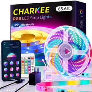 charkee 65.6 ft bluetooth led strip lights, sync music color changing led lighting strips, smd5050 flexible led tape light with app/remote control, bluetooth led strips light for bedroom, indoor, diy