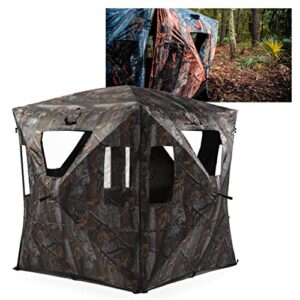 black hoof outdoors deluxe hunting blind, ground blind for deer & turkey, pop up hub design tent with stakes for 2-3 person, camouflage screen and adjustable windows for gun, bow, & photography