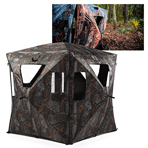 Black Hoof Outdoors Deluxe Hunting Blind, Ground Blind for Deer & Turkey, Pop Up Hub Design Tent with Stakes for 2-3 Person, Camouflage Screen and Adjustable Windows for Gun, Bow, & Photography