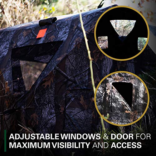 Black Hoof Outdoors Deluxe Hunting Blind, Ground Blind for Deer & Turkey, Pop Up Hub Design Tent with Stakes for 2-3 Person, Camouflage Screen and Adjustable Windows for Gun, Bow, & Photography