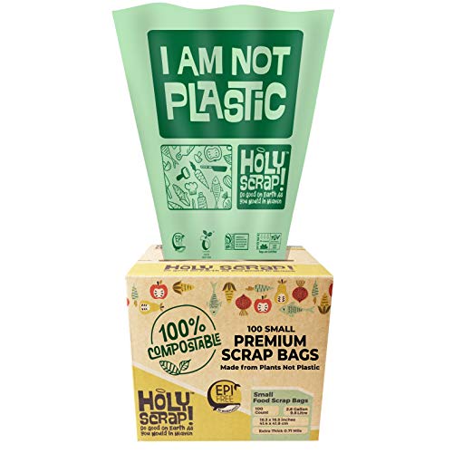 Holy Scrap! Compostable Trash Bags Small - Pack of 100 - Kitchen Compost Bags 2.6 Gallon Trash Bags - Compost Biodegradable Bags 1-3 Gallon Countertop Garbage Bin - Bathroom Bio Mini Trash Can Liners