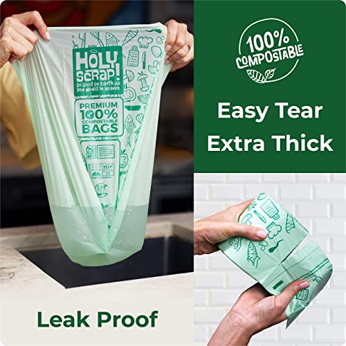 Holy Scrap! Compostable Trash Bags Small - Pack of 100 - Kitchen Compost Bags 2.6 Gallon Trash Bags - Compost Biodegradable Bags 1-3 Gallon Countertop Garbage Bin - Bathroom Bio Mini Trash Can Liners