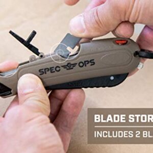 Spec Ops Tools Safety Knife Box Cutter, Includes Holster & Lanyard, 3% Donated to Veterans, black/tan