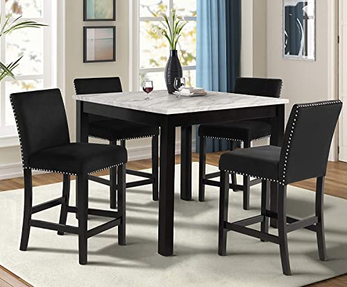 New Classic Furniture Celeste Faux Marble Counter Dining Table with Four Chairs, 5-Piece, Black