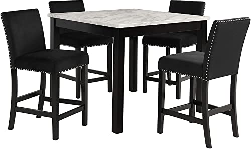 New Classic Furniture Celeste Faux Marble Counter Dining Table with Four Chairs, 5-Piece, Black