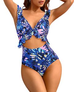 sociala womens ruffle one piece swimsuit cutout strappy monokinis swimwear bathing suits(medium, navy flower)