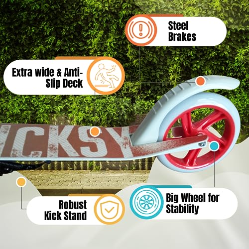 Kicksy - Kick Scooter for Kids Ages 8-12 & Scooter for Teens 12 Years and Up- Big Wheel Scooter for Stability - 2 Wheel Scooter for Boys & Girls- Foldable Kick Scooter Adult - Up to 220 lbs Malibu