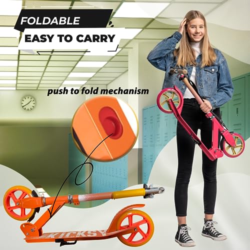 Kicksy - Kick Scooter for Kids Ages 8-12 & Scooter for Teens 12 Years and Up- Big Wheel Scooter for Stability - 2 Wheel Scooter for Boys & Girls- Foldable Kick Scooter Adult - Up to 220 lbs Malibu