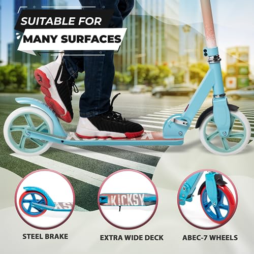 Kicksy - Kick Scooter for Kids Ages 8-12 & Scooter for Teens 12 Years and Up- Big Wheel Scooter for Stability - 2 Wheel Scooter for Boys & Girls- Foldable Kick Scooter Adult - Up to 220 lbs Malibu