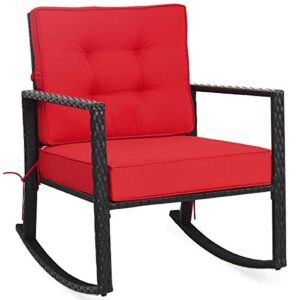 tangkula wicker rocking chair, outdoor glider rattan rocker chair with heavy-duty steel frame, patio wicker furniture seat with 5” thick cushion for garden, porch, backyard, poolside (1, red)