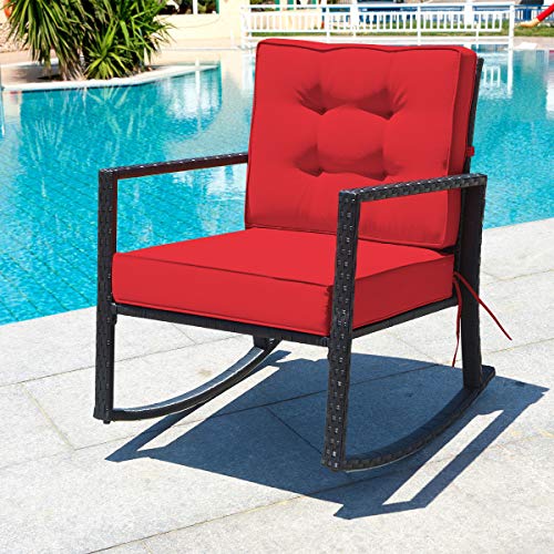 Tangkula Wicker Rocking Chair, Outdoor Glider Rattan Rocker Chair with Heavy-Duty Steel Frame, Patio Wicker Furniture Seat with 5” Thick Cushion for Garden, Porch, Backyard, Poolside (1, Red)