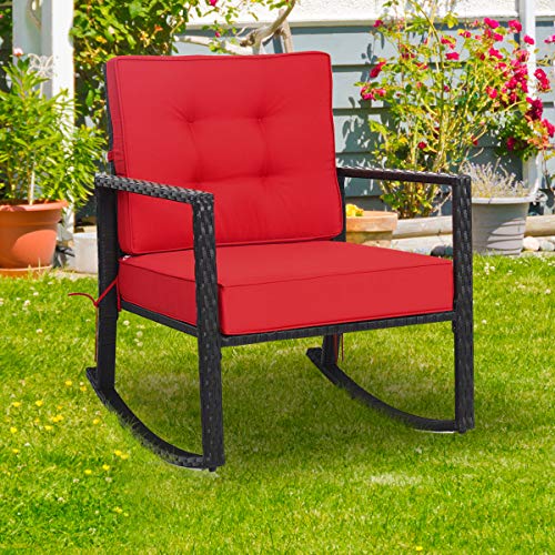 Tangkula Wicker Rocking Chair, Outdoor Glider Rattan Rocker Chair with Heavy-Duty Steel Frame, Patio Wicker Furniture Seat with 5” Thick Cushion for Garden, Porch, Backyard, Poolside (1, Red)