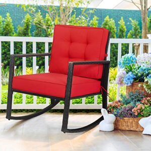 Tangkula Wicker Rocking Chair, Outdoor Glider Rattan Rocker Chair with Heavy-Duty Steel Frame, Patio Wicker Furniture Seat with 5” Thick Cushion for Garden, Porch, Backyard, Poolside (1, Red)