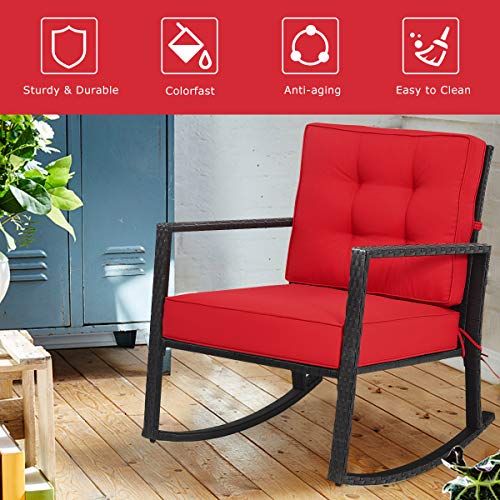 Tangkula Wicker Rocking Chair, Outdoor Glider Rattan Rocker Chair with Heavy-Duty Steel Frame, Patio Wicker Furniture Seat with 5” Thick Cushion for Garden, Porch, Backyard, Poolside (1, Red)