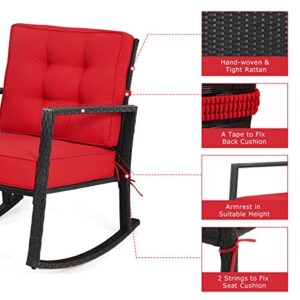 Tangkula Wicker Rocking Chair, Outdoor Glider Rattan Rocker Chair with Heavy-Duty Steel Frame, Patio Wicker Furniture Seat with 5” Thick Cushion for Garden, Porch, Backyard, Poolside (1, Red)