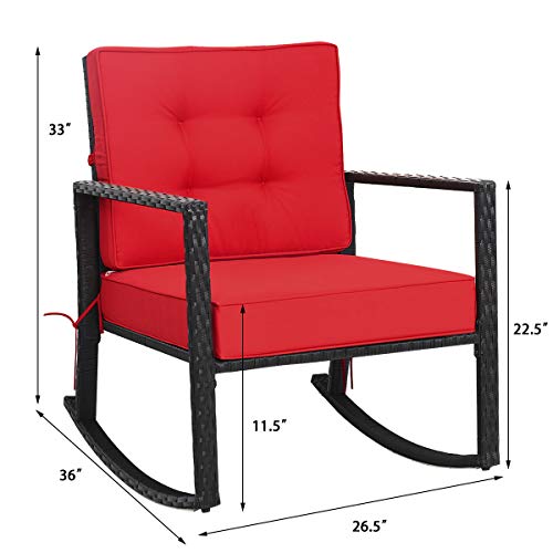 Tangkula Wicker Rocking Chair, Outdoor Glider Rattan Rocker Chair with Heavy-Duty Steel Frame, Patio Wicker Furniture Seat with 5” Thick Cushion for Garden, Porch, Backyard, Poolside (1, Red)