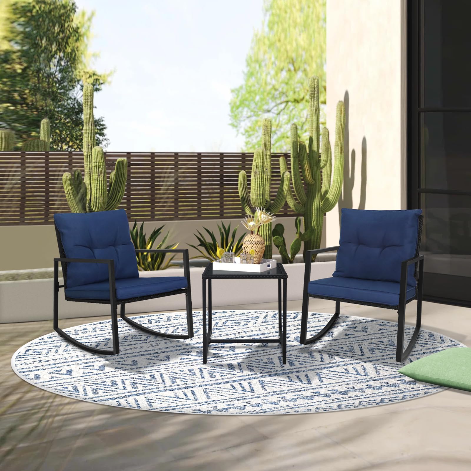 SUNCROWN 3-Piece Outdoor Rocking Chairs Patio Bistro Set Patio Black Wicker Chairs with Glass Coffee Table, Dark Blue Cushion