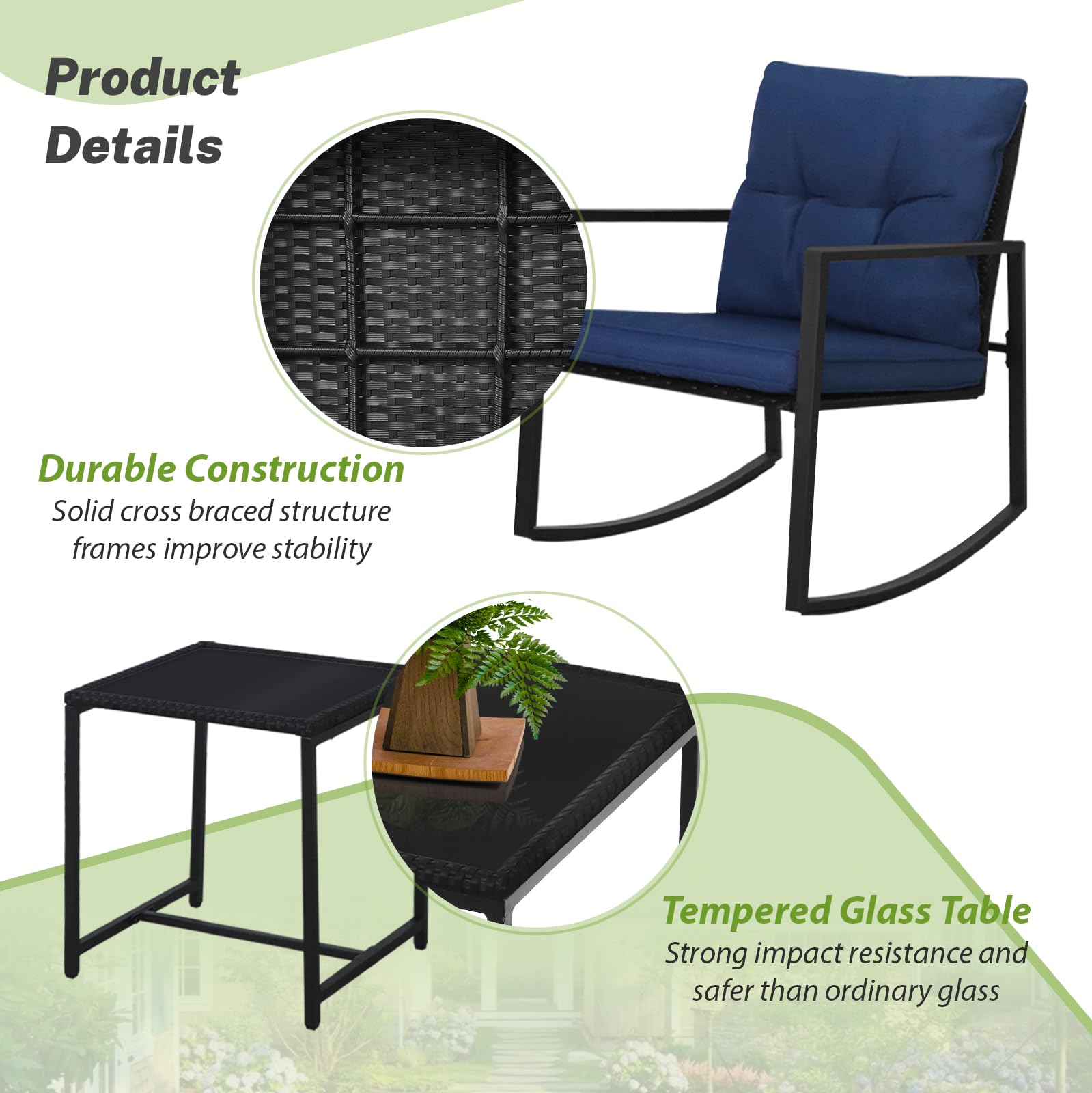 SUNCROWN 3-Piece Outdoor Rocking Chairs Patio Bistro Set Patio Black Wicker Chairs with Glass Coffee Table, Dark Blue Cushion