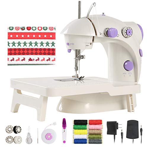 Mini Sewing Machine with DIY Materials for Beginner Kid, Enjoylf Portable Sewing Machine with Extension Table,Lamp,Cutter and Foot Pedal 2-Speed 2-Thread