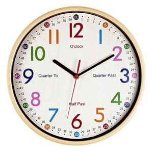 jofomp teaching clock for kids | 12 inch educational wall clock for learning time, silent non-ticking quartz decorative wall clock for teacher's classrooms or children's bedrooms (yellow)