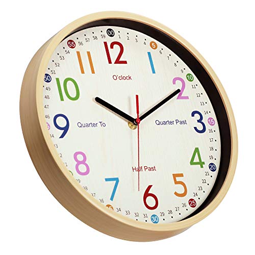 JoFomp Teaching Clock for Kids | 12 inch Educational Wall Clock for Learning Time, Silent Non-Ticking Quartz Decorative Wall Clock for Teacher's Classrooms or Children's Bedrooms (Yellow)