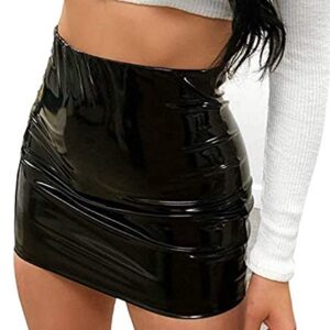 Springcmy Women Neon Leather Bodycon Mini Skirt Skirts Sexy Shiny Liquid Metallic Wet Look Latex Skirt