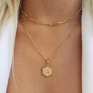 Dainty Layering Initial Necklaces for Women, 14K Gold Plated Paperclip Chain Necklace for Women Trendy Hexagon Letter Pendant Initial A Necklace Choker Necklaces Gold Layered Necklaces for Women Trendy