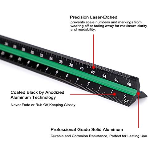 OwnMy 3 Pack 12 Inch Solid Aluminum Triangular Architect Scale Ruler Set, 3-Colors-Groove Architectural and Engineer Scale Metal Ruler Set, Clear Scales Drafting Rulers for Engineer Blueprint Project